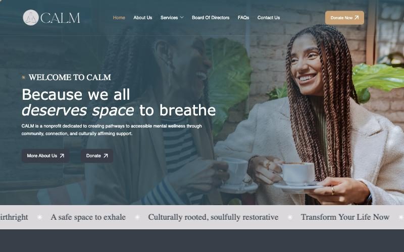 CALM homepage with two women sharing coffee
